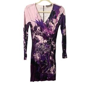 Roberto Cavalli 42/6 Pink & Purple Splatter Print V Neck Long Sleeve Mini Dress